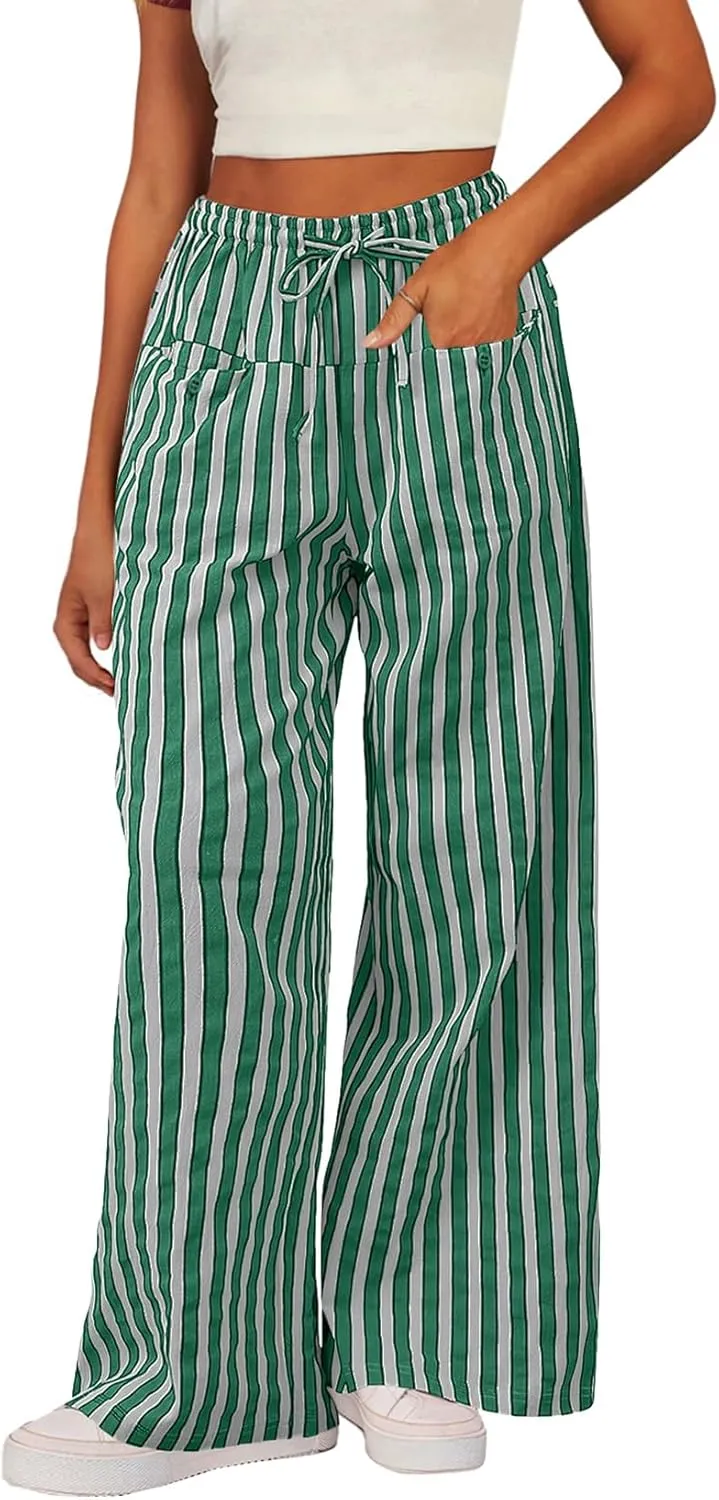 Acelitt Women Casual Drawstring Elastic Waist Loose Wide Leg Striped Pants with Pockets, S-XXL