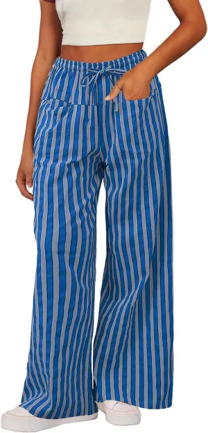 Acelitt Women Casual Drawstring Elastic Waist Loose Wide Leg Striped Pants with Pockets, S-XXL