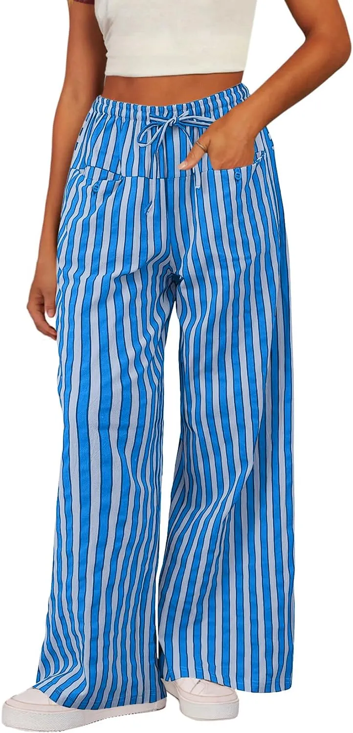Acelitt Women Casual Drawstring Elastic Waist Loose Wide Leg Striped Pants with Pockets, S-XXL