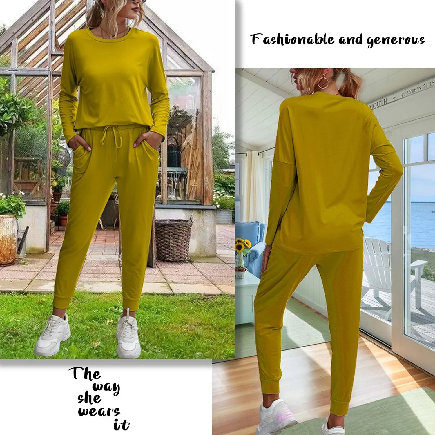 ACOSAP Women Casual Outfit Solid 2 Piece Outfit Long Sleeve Crewneck Pullover Tops and Long Pants Sweatsuits Tracksuits