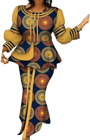 African Clothes for Women Two Piece Outfits Sets African Print Crew Neck Ruffles Tops and High Waist Long Skirts