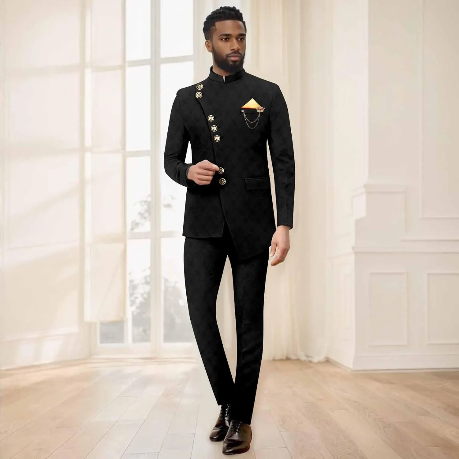 African Suits for Men Slim Fit Single Breasted Brooch Blazer and Pants Set Formal Suit Dashiki Outfits