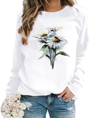 Akivide Women's Flower Graphic Printed Long Sleeve Crewneck Sweatshirt Fall Casual Loose Plus Size Pullover Tops for Women