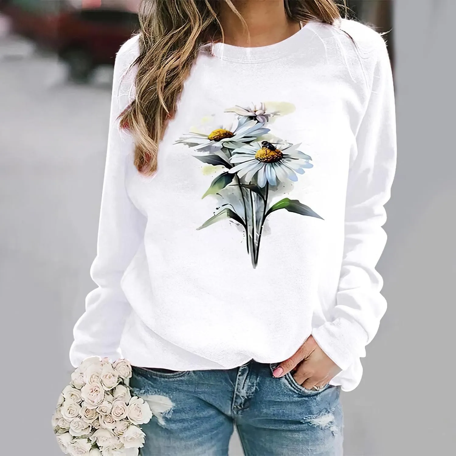 Akivide Women's Flower Graphic Printed Long Sleeve Crewneck Sweatshirt Fall Casual Loose Plus Size Pullover Tops for Women