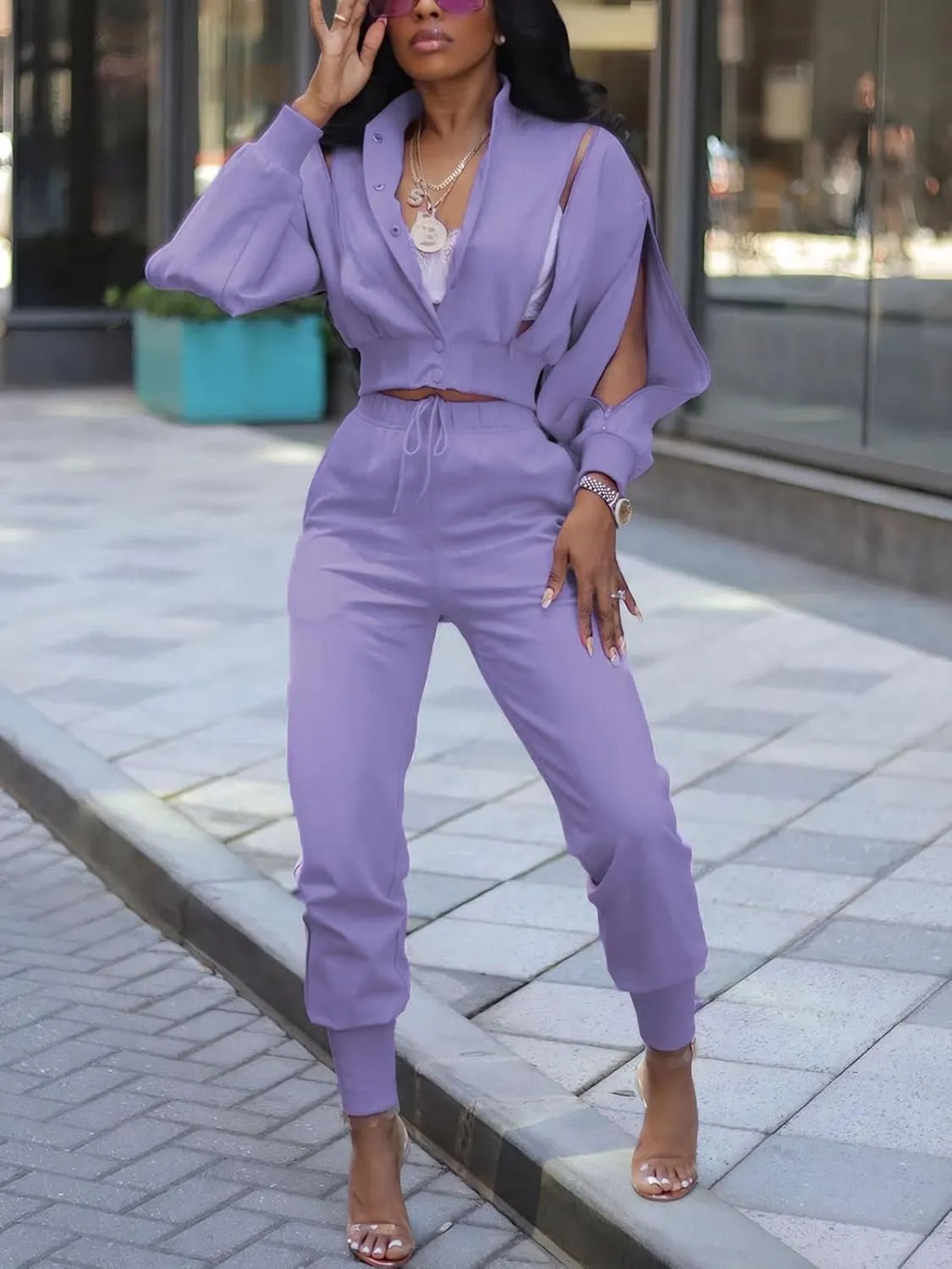Akmipoem Sweatsuits for Women Set 2 Piece Jogger Outfits Zipper Split Long Sleeve Button Down Crop Top and Pants Tracksuit
