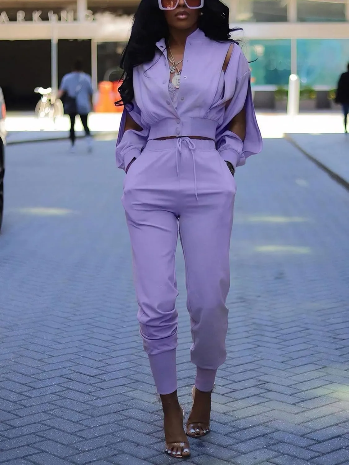 Akmipoem Sweatsuits for Women Set 2 Piece Jogger Outfits Zipper Split Long Sleeve Button Down Crop Top and Pants Tracksuit