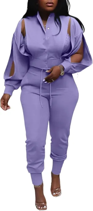 Akmipoem Sweatsuits for Women Set 2 Piece Jogger Outfits Zipper Split Long Sleeve Button Down Crop Top and Pants Tracksuit