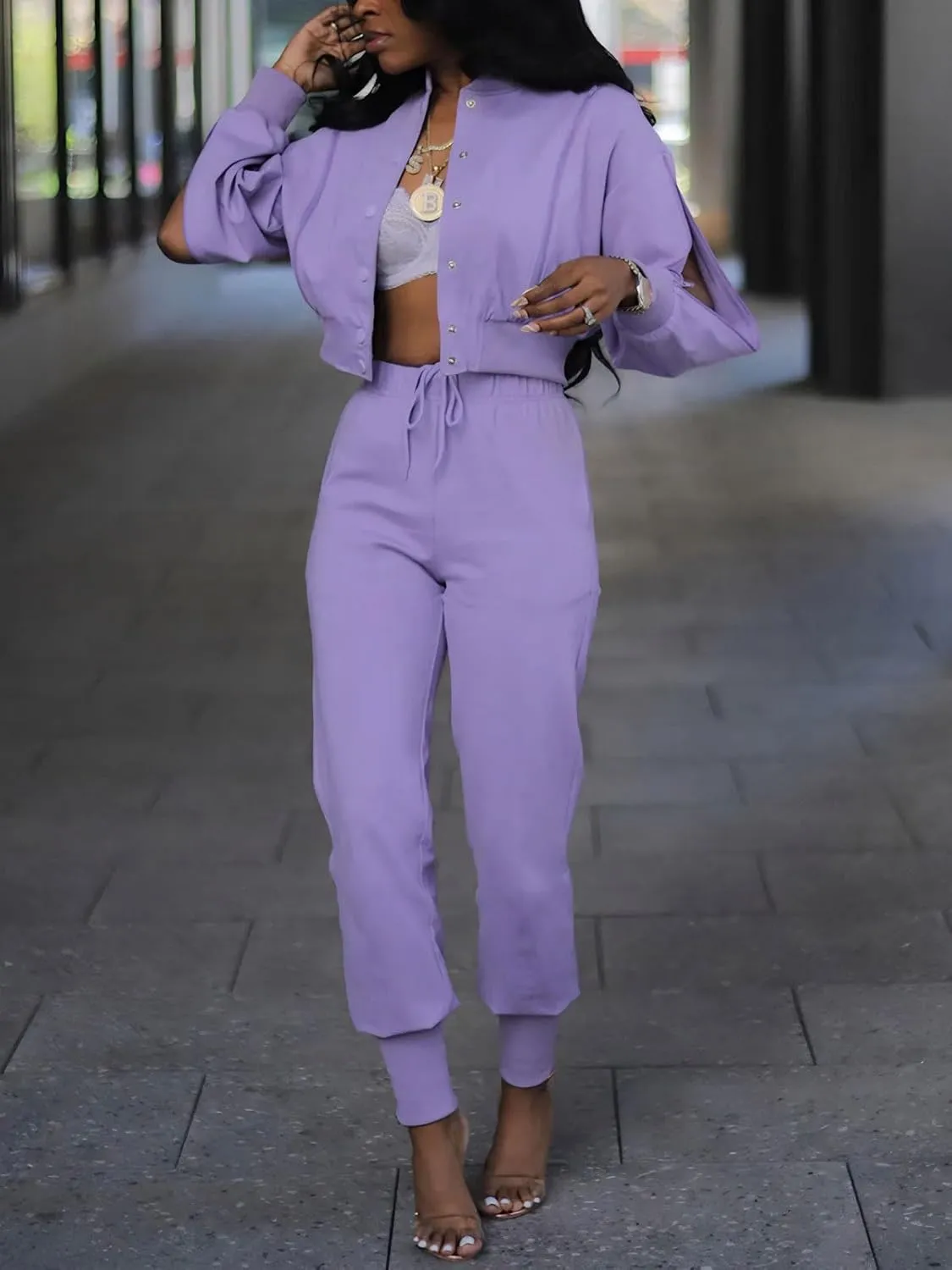 Akmipoem Sweatsuits for Women Set 2 Piece Jogger Outfits Zipper Split Long Sleeve Button Down Crop Top and Pants Tracksuit