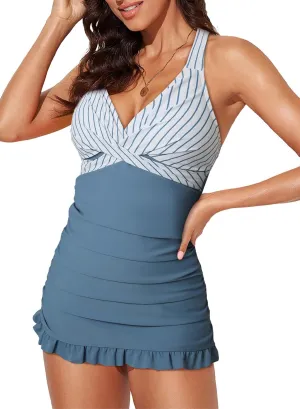 Aleumdr Women Retro Tankini Swimdress Tummy Control Bathing Suits Two Piece Tankini Tops with Bikini Bottoms Twist Swimwear