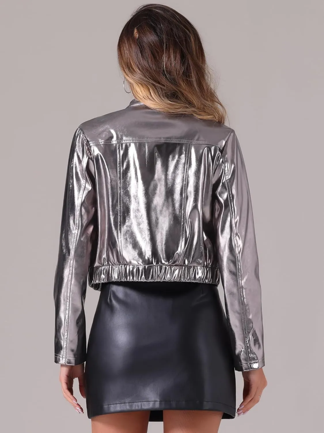 Allegra K Halloween Crop Moto Jacket for Women's Zip Up Glitter Holographic Metallic Jacket