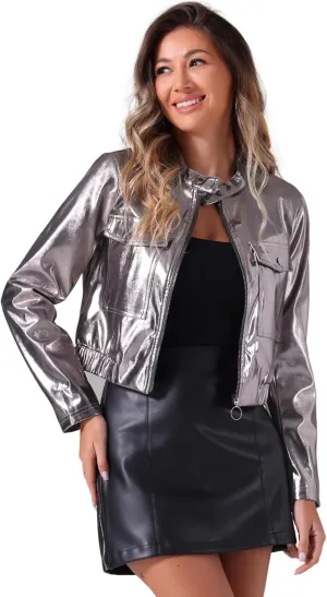 Allegra K Halloween Crop Moto Jacket for Women's Zip Up Glitter Holographic Metallic Jacket