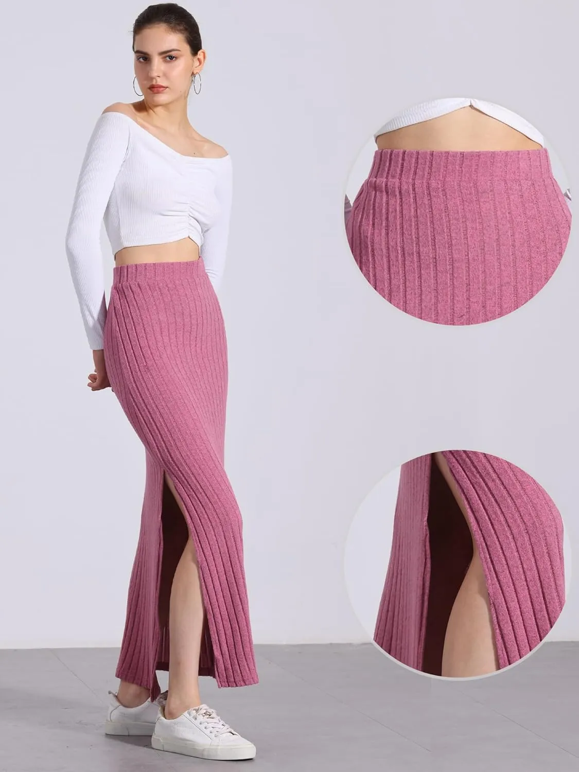 Allegra K High Waisted Long Skirt for Women's Slit Bodycon Knit Pencil Skirt