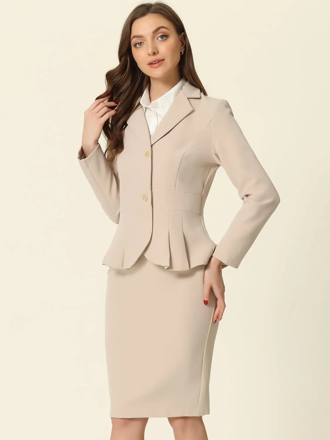 Allegra K Skirt Suit Sets for Women's 2 Piece Formal Office Notched Lapel Peplum Jacket Blazer Pencil Skirts Set