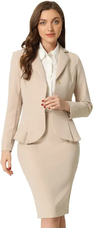 Allegra K Skirt Suit Sets for Women's 2 Piece Formal Office Notched Lapel Peplum Jacket Blazer Pencil Skirts Set