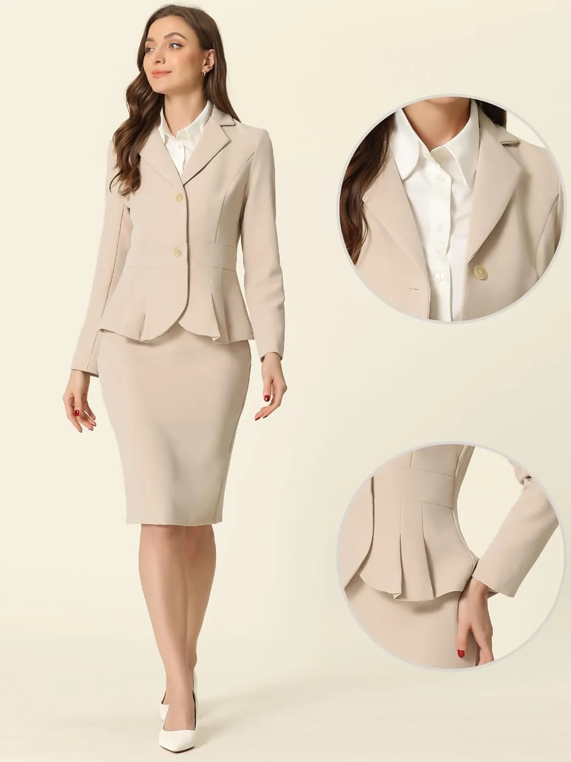 Allegra K Skirt Suit Sets for Women's 2 Piece Formal Office Notched Lapel Peplum Jacket Blazer Pencil Skirts Set