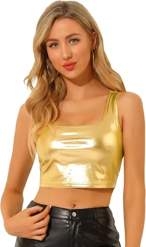 Allegra K Women's U Neck Sleeveless Party Clubwear Holographic Shiny Metallic Crop Top