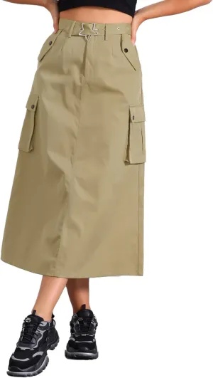 Allegra K Y2K Cargo Long Skirts for Women's Trendy Belt High Waisted Vintage Streetwear Skirt with Pockets