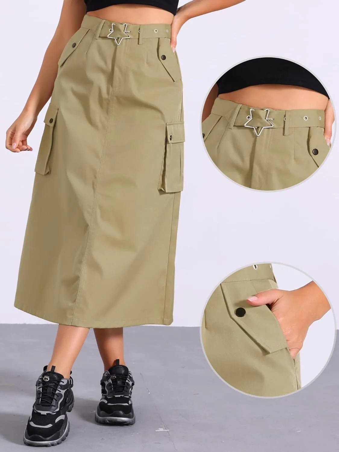 Allegra K Y2K Cargo Long Skirts for Women's Trendy Belt High Waisted Vintage Streetwear Skirt with Pockets