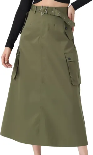 Allegra K Y2K Cargo Long Skirts for Women's Trendy Belt High Waisted Vintage Streetwear Skirt with Pockets