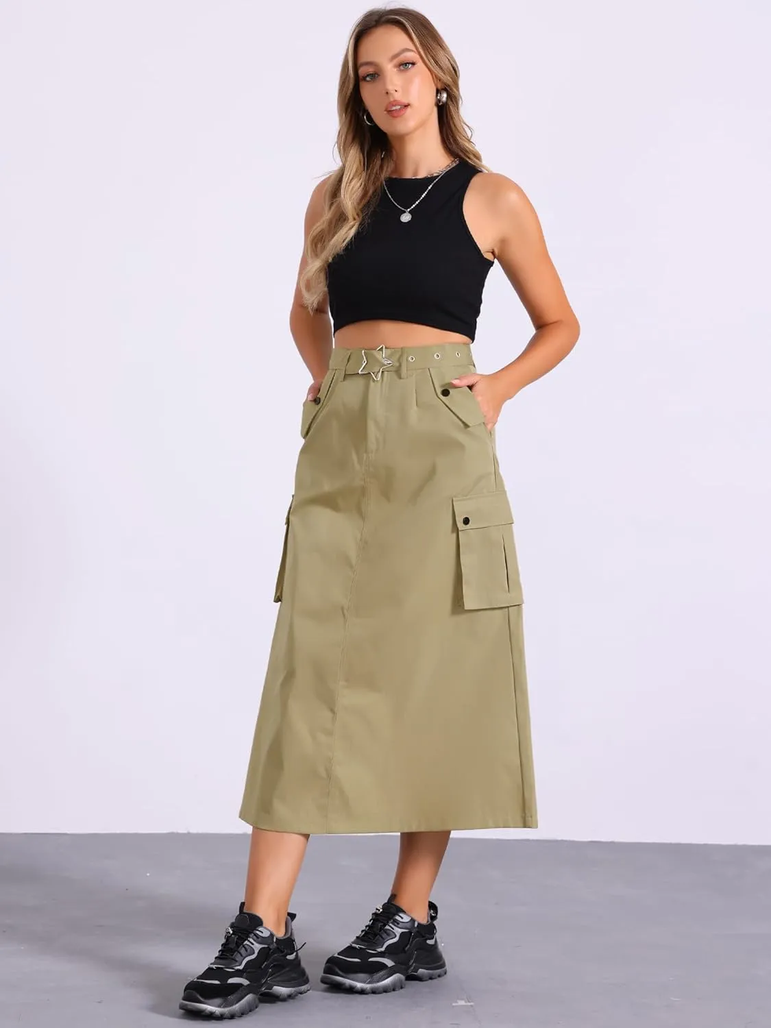 Allegra K Y2K Cargo Long Skirts for Women's Trendy Belt High Waisted Vintage Streetwear Skirt with Pockets