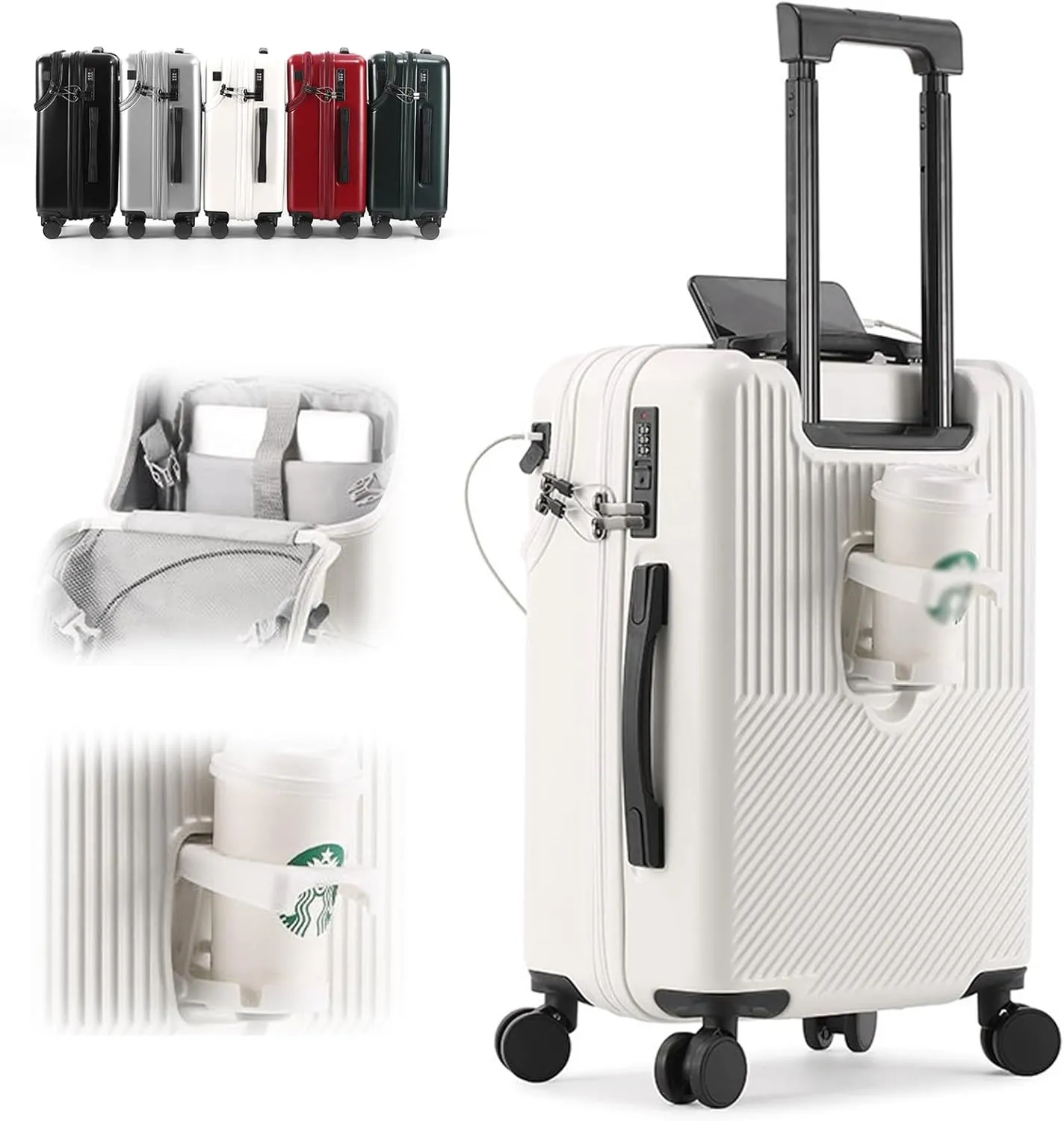 Aluminum Carry On Luggage 22x14x9 Airline Approved, 20 Inch Hard Shell Carry On Luggage, PC Hard Shell Suitcase with Spinner Wheels and USB Port, Silver Luggage for Business Travel (White-1)