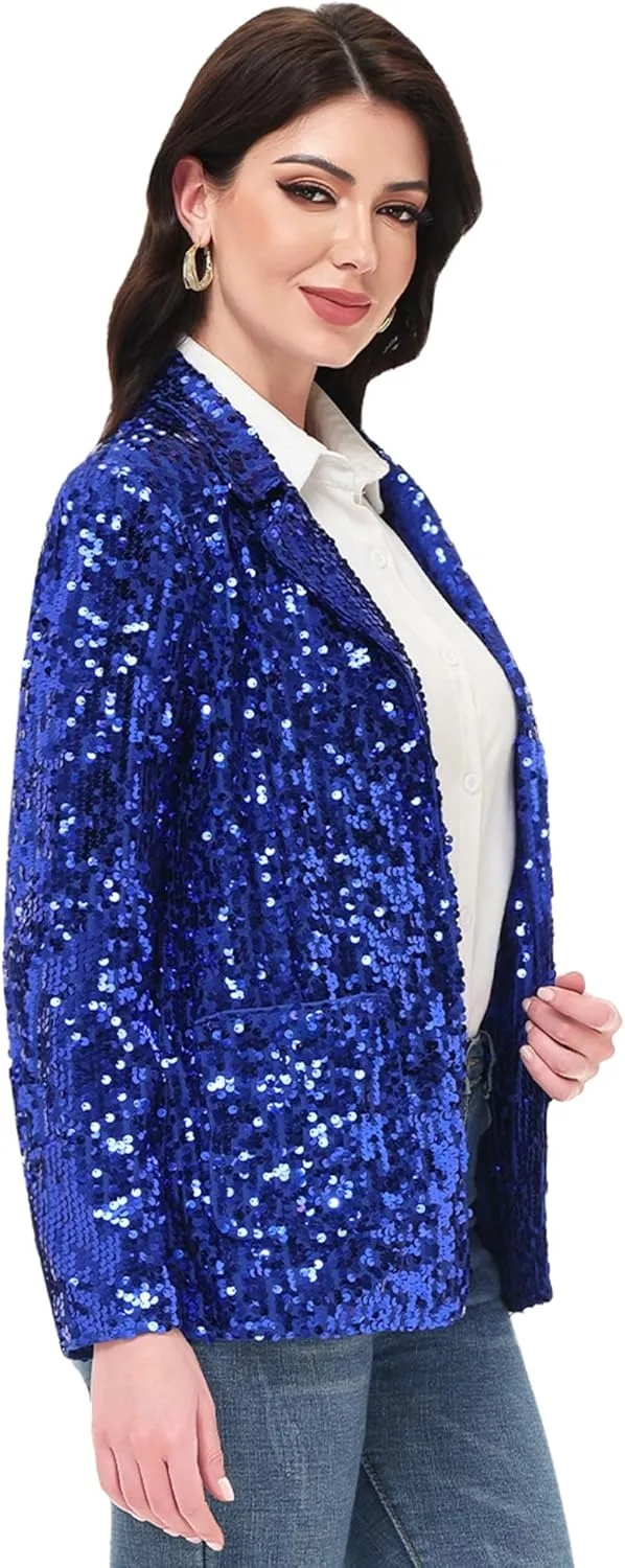Anna-Kaci Women's Sparkle Sequin Jacket Long Sleeve Open Front Work Blazer Cardigan with Pockets
