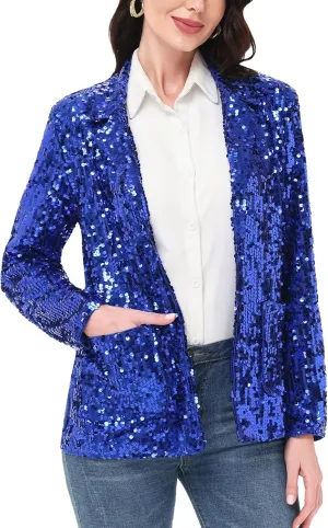 Anna-Kaci Women's Sparkle Sequin Jacket Long Sleeve Open Front Work Blazer Cardigan with Pockets