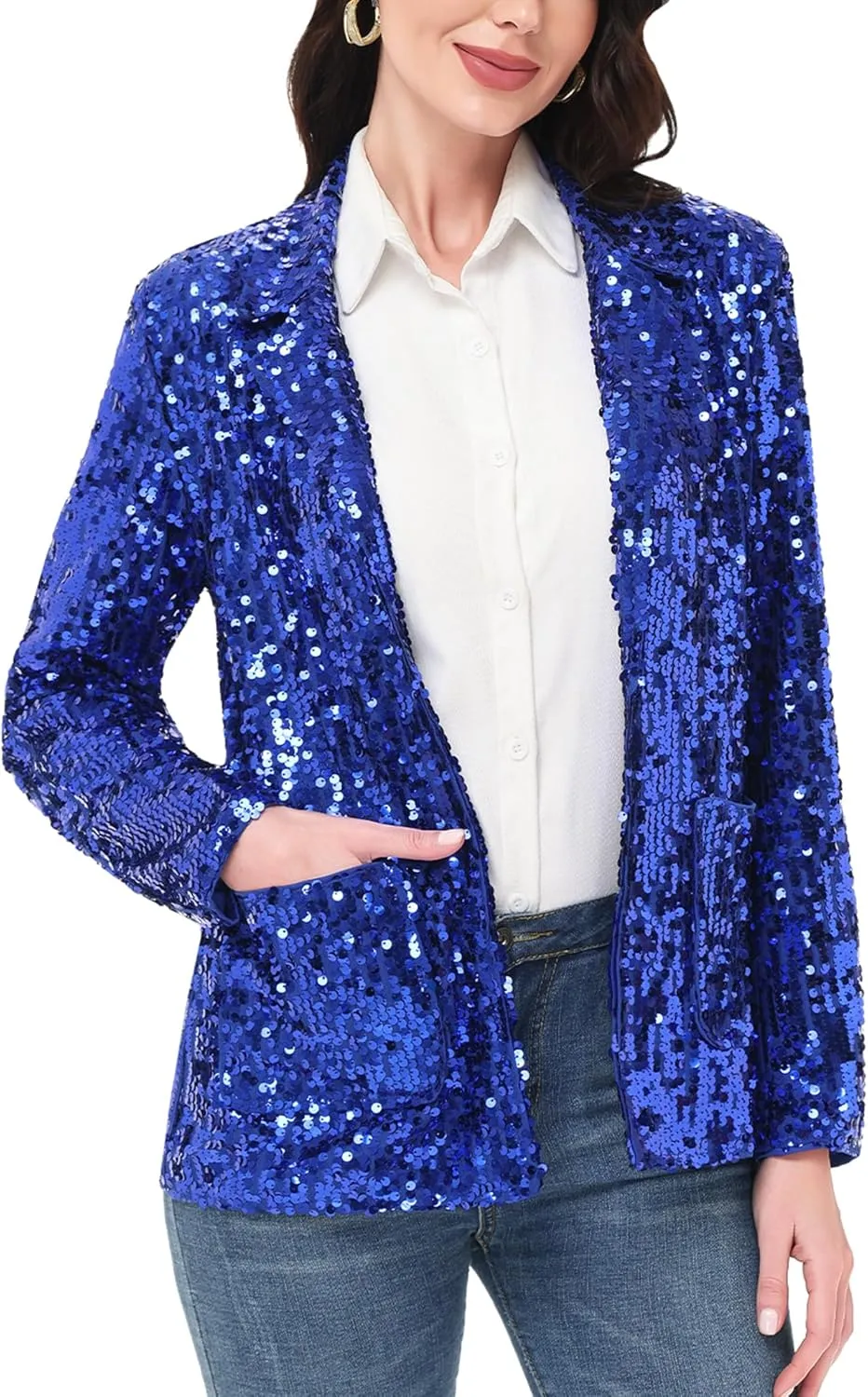 Anna-Kaci Women's Sparkle Sequin Jacket Long Sleeve Open Front Work Blazer Cardigan with Pockets