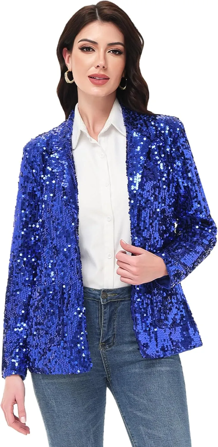 Anna-Kaci Women's Sparkle Sequin Jacket Long Sleeve Open Front Work Blazer Cardigan with Pockets