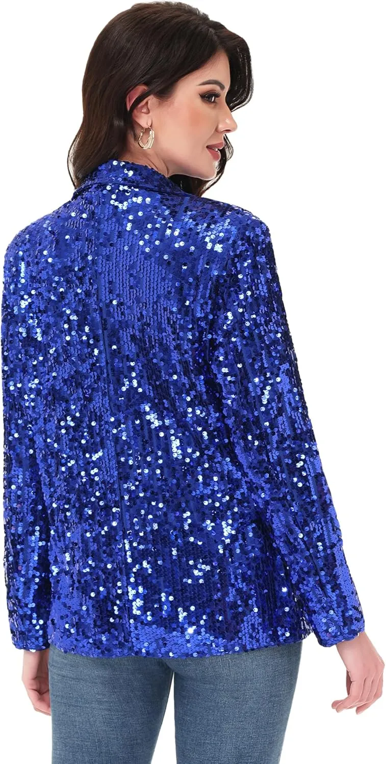 Anna-Kaci Women's Sparkle Sequin Jacket Long Sleeve Open Front Work Blazer Cardigan with Pockets