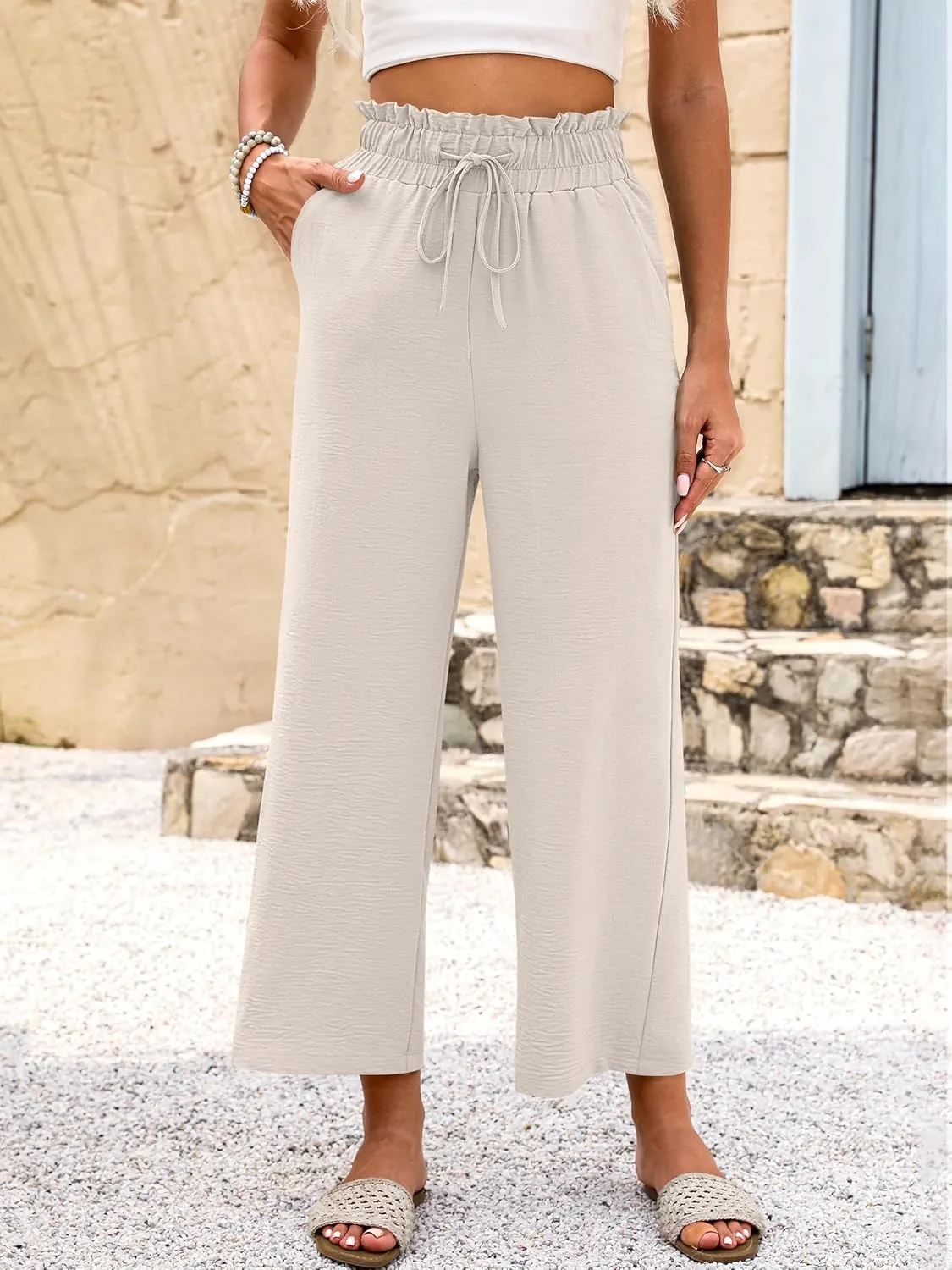 ANRABESS Women 2025 Summer Casual Flowy Loose High Waist Boho Wide Leg Cropped Palazzo Lounge Beach Vacation Pants Trousers