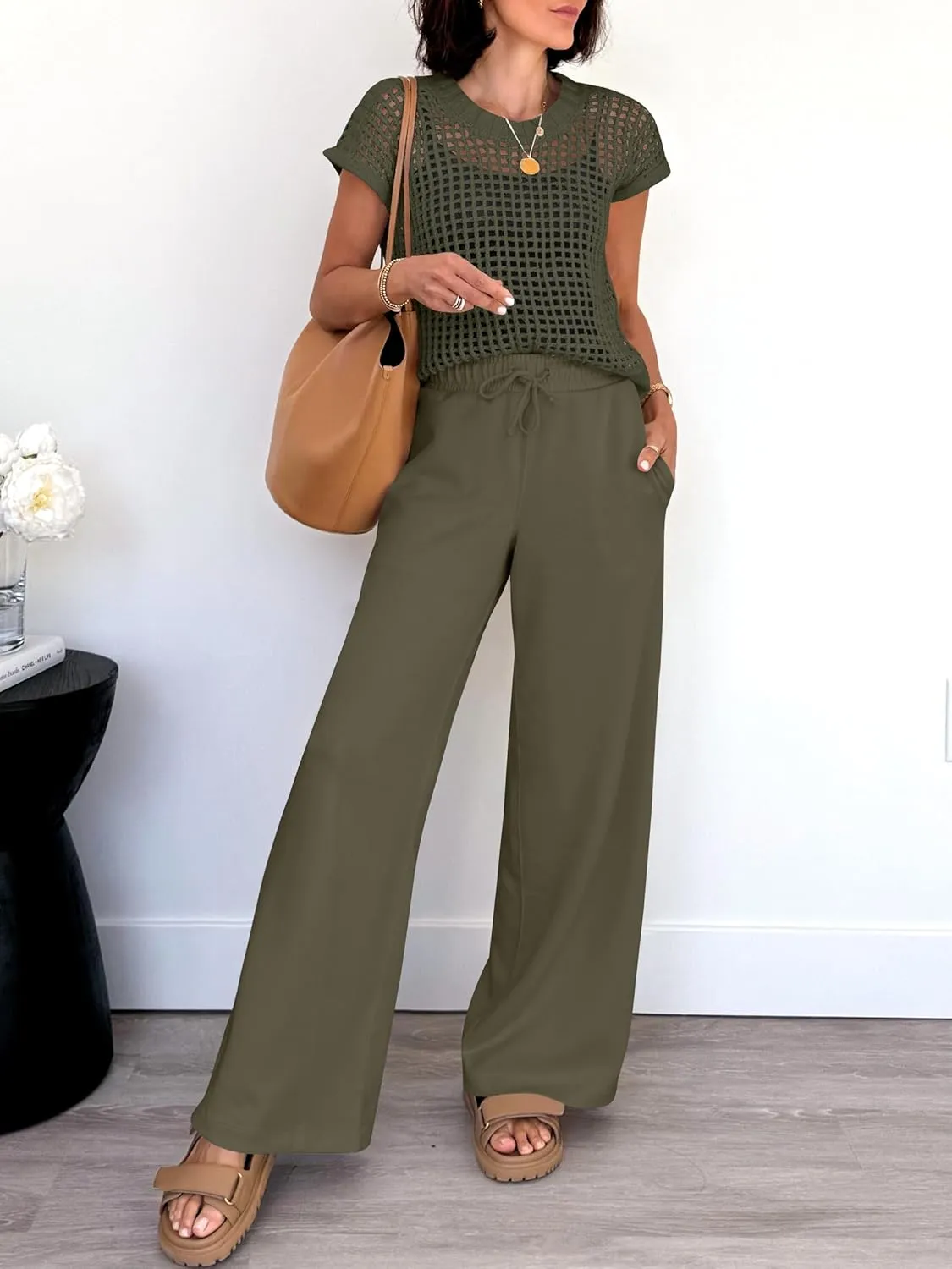 ANRABESS Women Two Piece Outfits Crochet Sheer Knit Sweater Top Wide Leg Pants Lounge Matching Sets Sweatsuit Travel Clothes