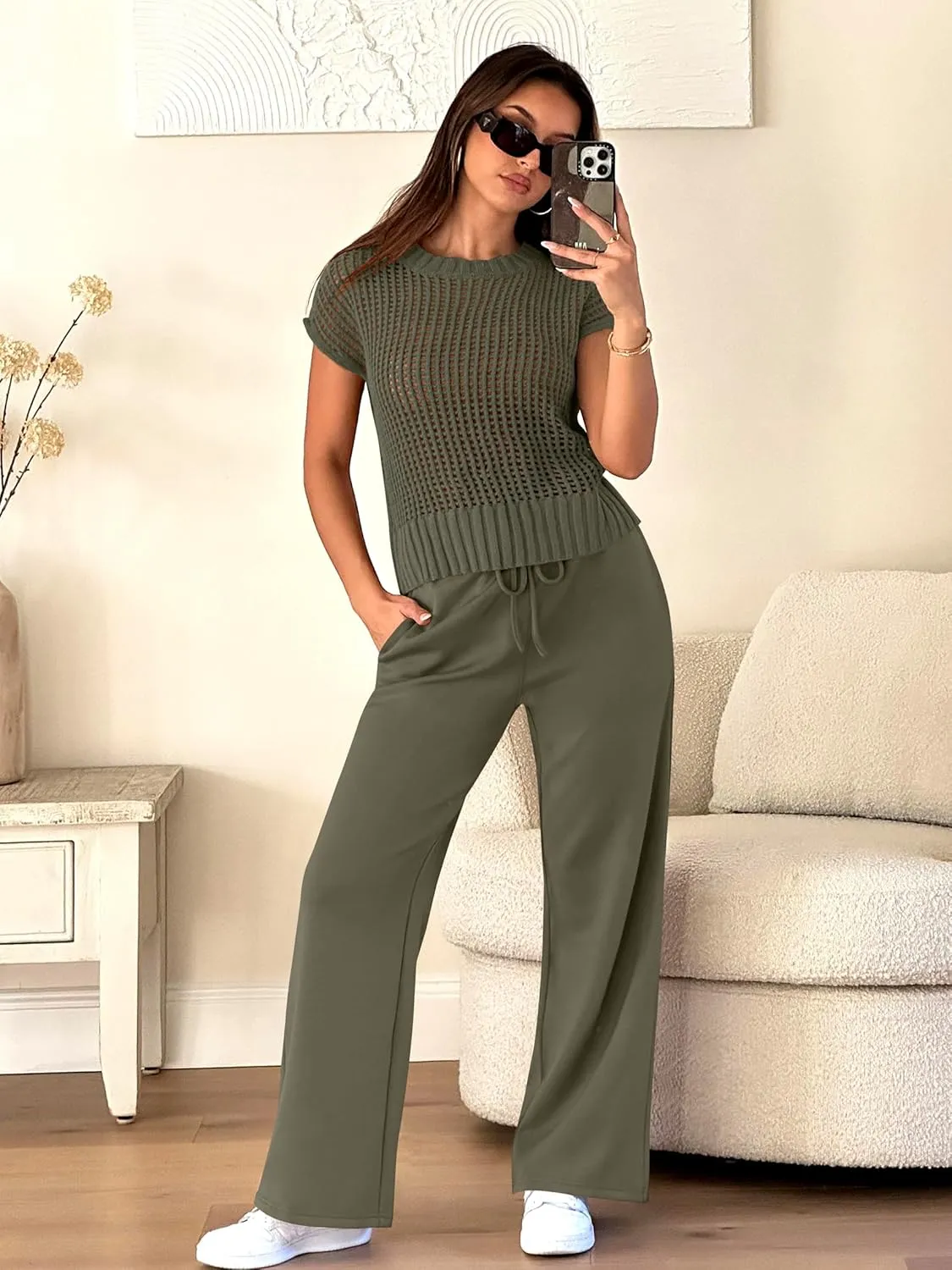 ANRABESS Women Two Piece Outfits Crochet Sheer Knit Sweater Top Wide Leg Pants Lounge Matching Sets Sweatsuit Travel Clothes