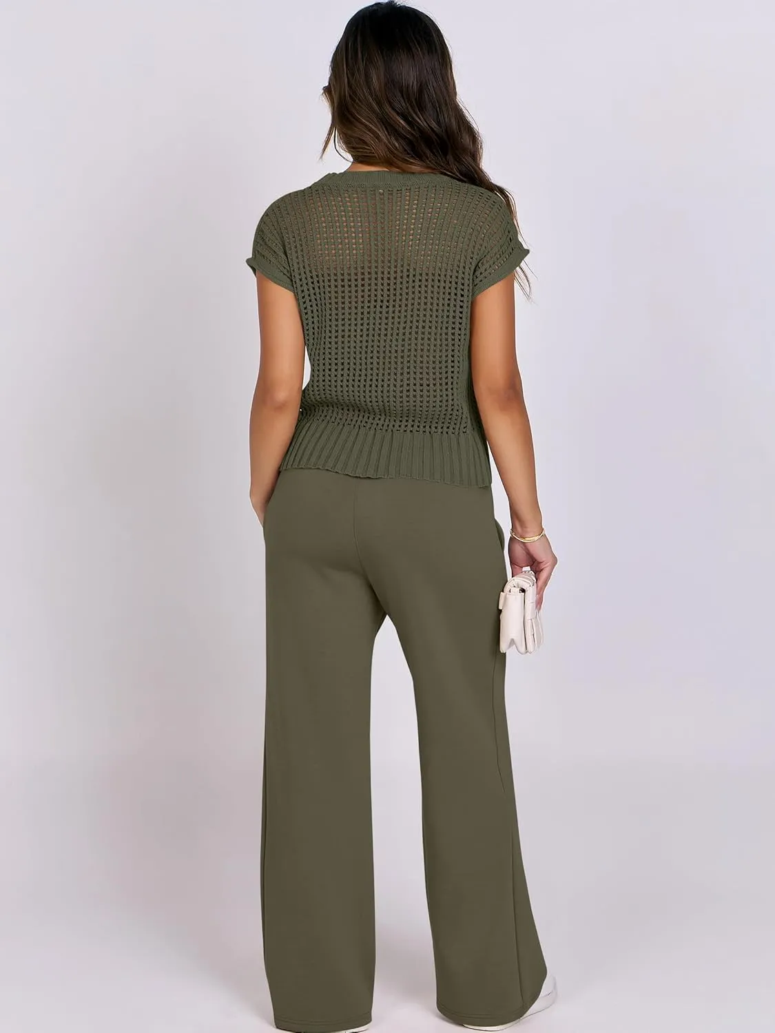 ANRABESS Women Two Piece Outfits Crochet Sheer Knit Sweater Top Wide Leg Pants Lounge Matching Sets Sweatsuit Travel Clothes