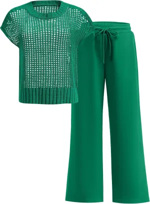 ANRABESS Women Two Piece Outfits Crochet Sheer Knit Sweater Top Wide Leg Pants Lounge Matching Sets Sweatsuit Travel Clothes