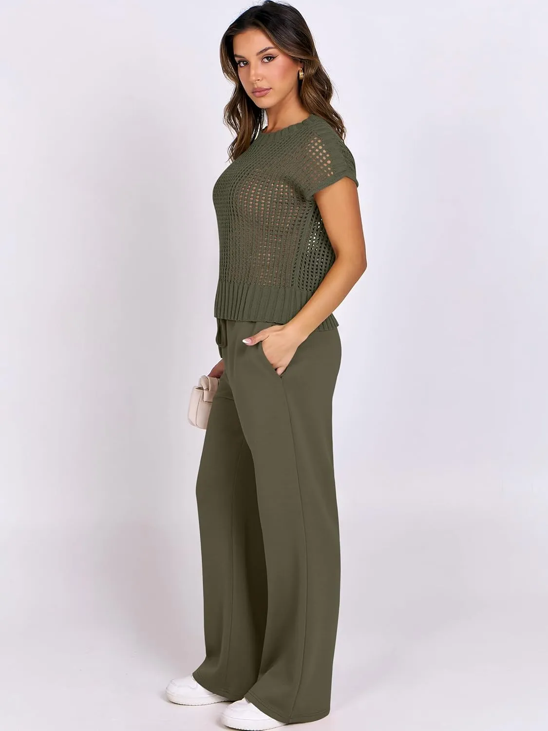ANRABESS Women Two Piece Outfits Crochet Sheer Knit Sweater Top Wide Leg Pants Lounge Matching Sets Sweatsuit Travel Clothes