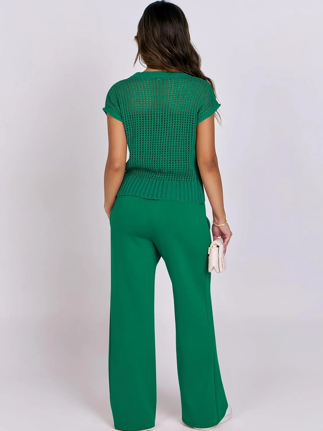 ANRABESS Women Two Piece Outfits Crochet Sheer Knit Sweater Top Wide Leg Pants Lounge Matching Sets Sweatsuit Travel Clothes