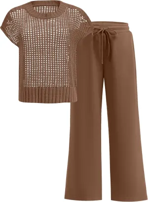ANRABESS Women Two Piece Outfits Crochet Sheer Knit Sweater Top Wide Leg Pants Lounge Matching Sets Sweatsuit Travel Clothes