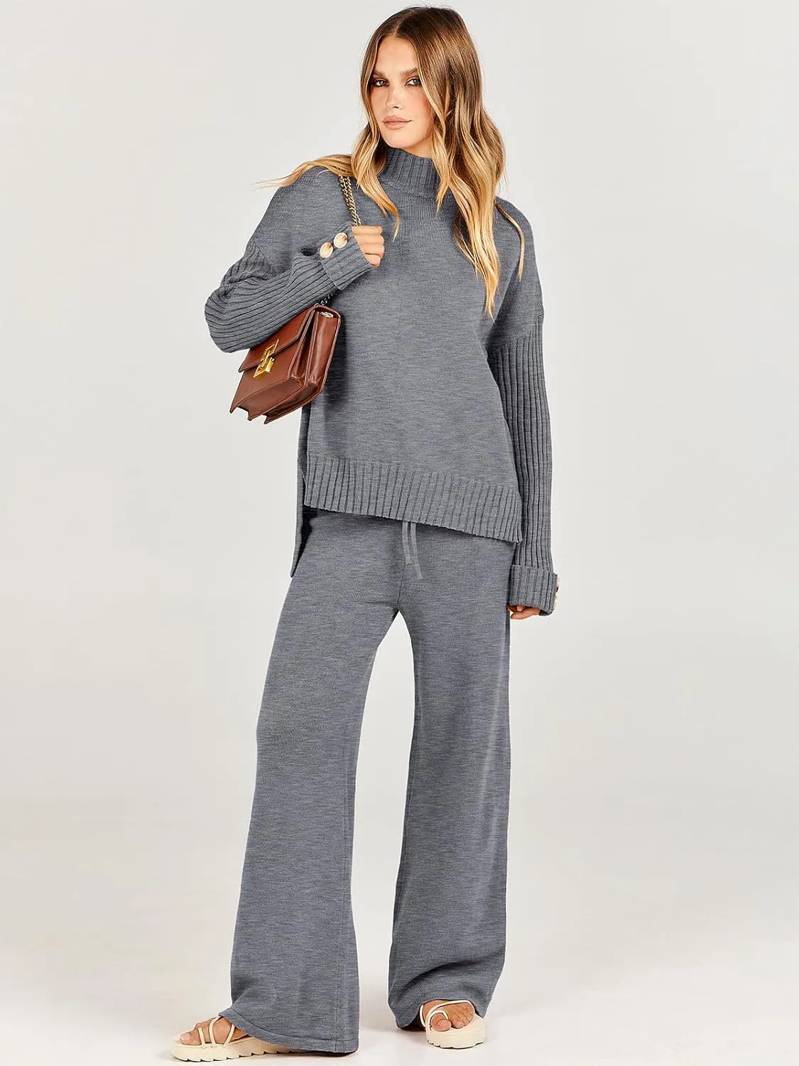 ANRABESS Women's 2 Piece Outfit Sweater Lounge Sets Long Sleeve Knit Pullover Wide Leg Pant Tracksuit Loungewear 2025 Fashion