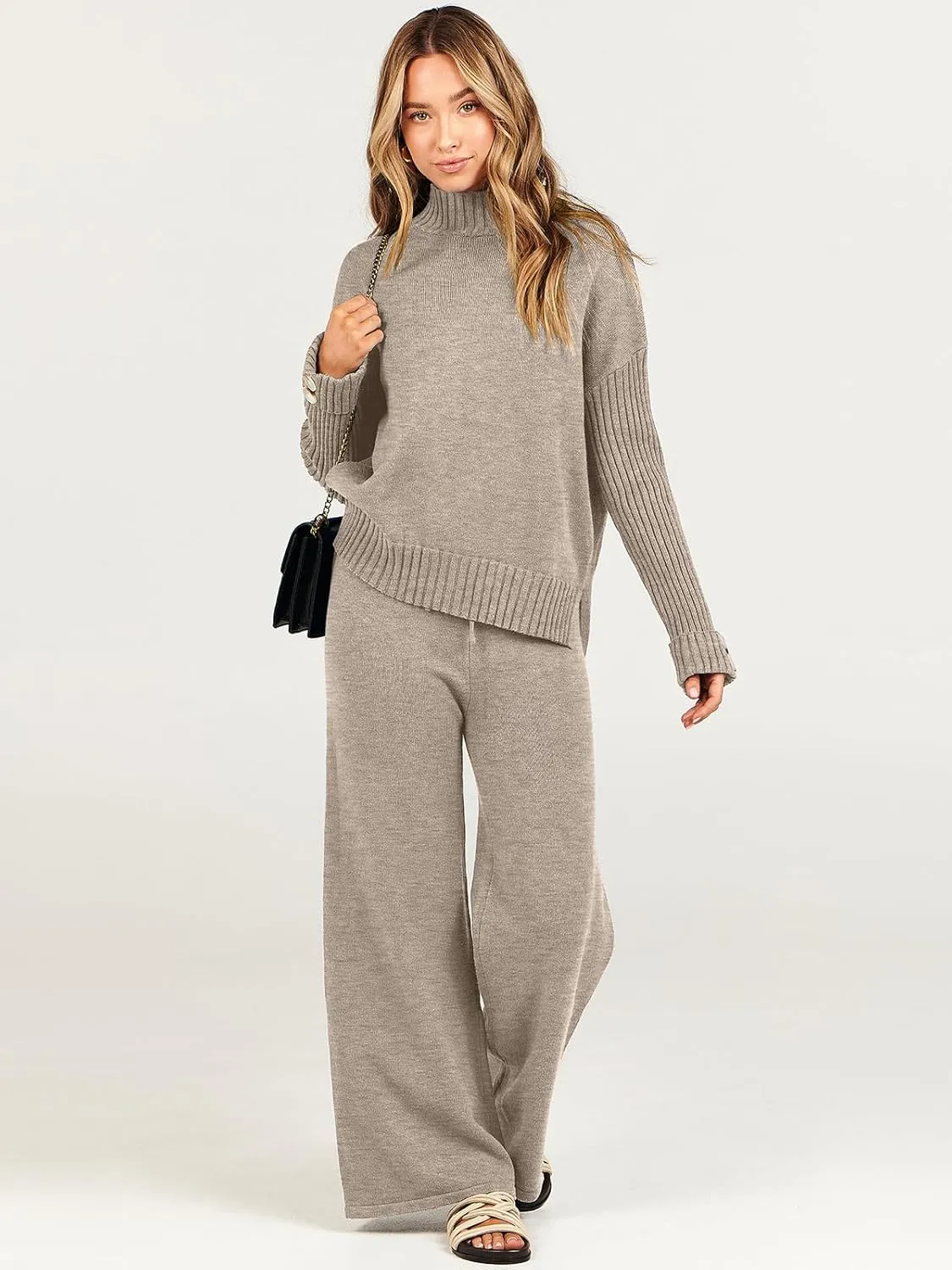 ANRABESS Women's 2 Piece Outfit Sweater Lounge Sets Long Sleeve Knit Pullover Wide Leg Pant Tracksuit Loungewear 2025 Fashion