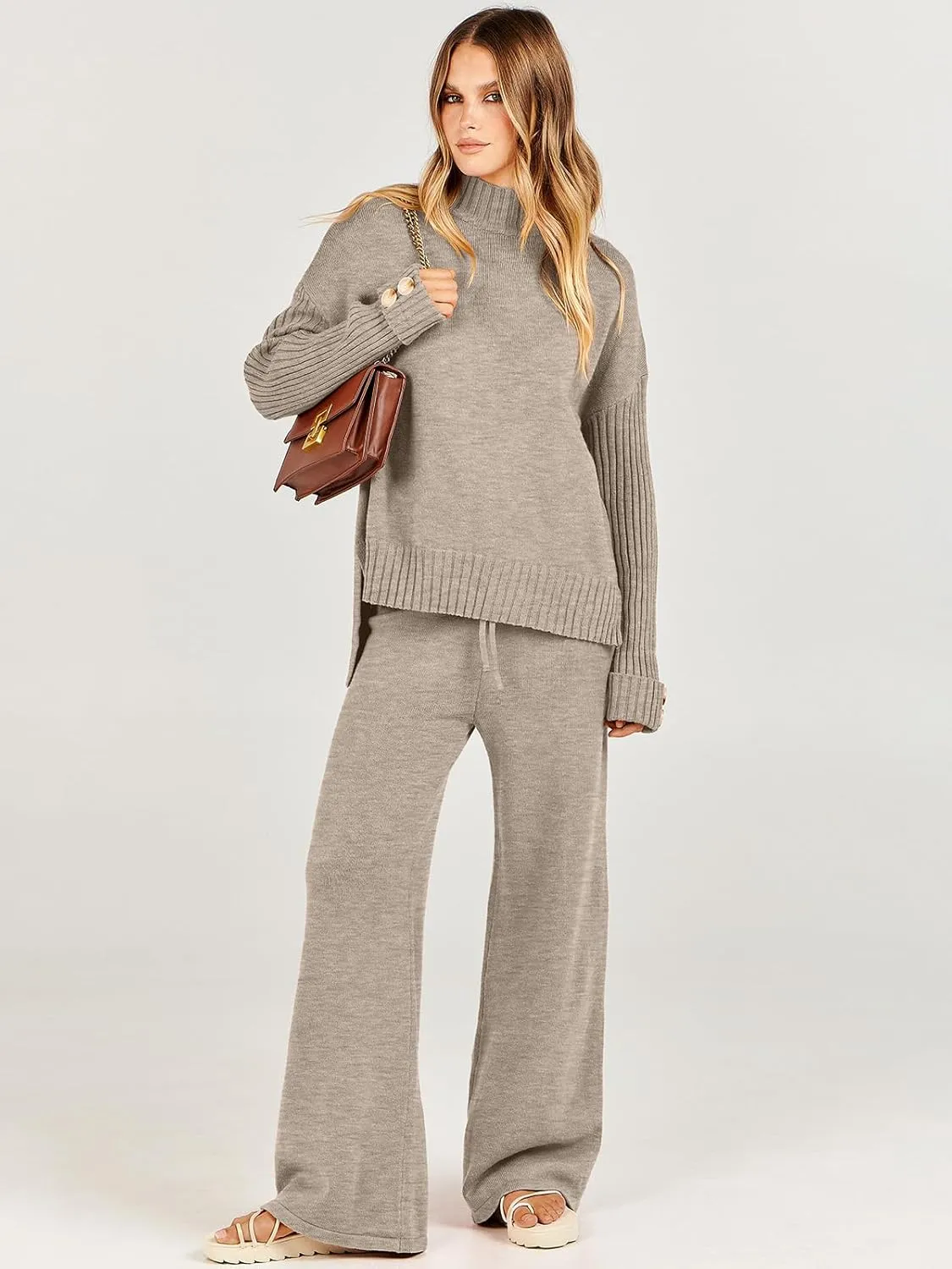 ANRABESS Women's 2 Piece Outfit Sweater Lounge Sets Long Sleeve Knit Pullover Wide Leg Pant Tracksuit Loungewear 2025 Fashion