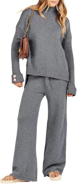 ANRABESS Women's 2 Piece Outfit Sweater Lounge Sets Long Sleeve Knit Pullover Wide Leg Pant Tracksuit Loungewear 2025 Fashion