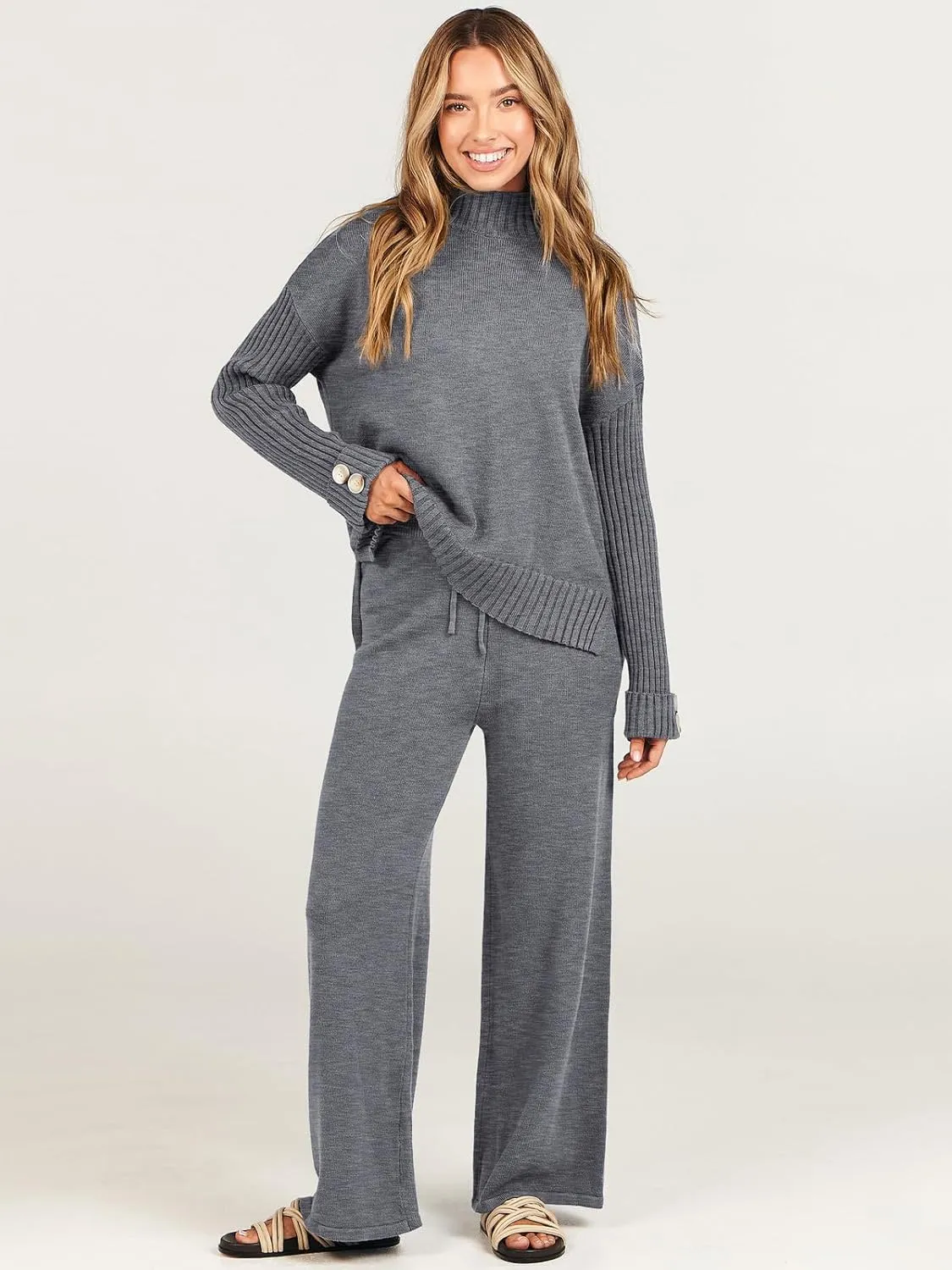 ANRABESS Women's 2 Piece Outfit Sweater Lounge Sets Long Sleeve Knit Pullover Wide Leg Pant Tracksuit Loungewear 2025 Fashion