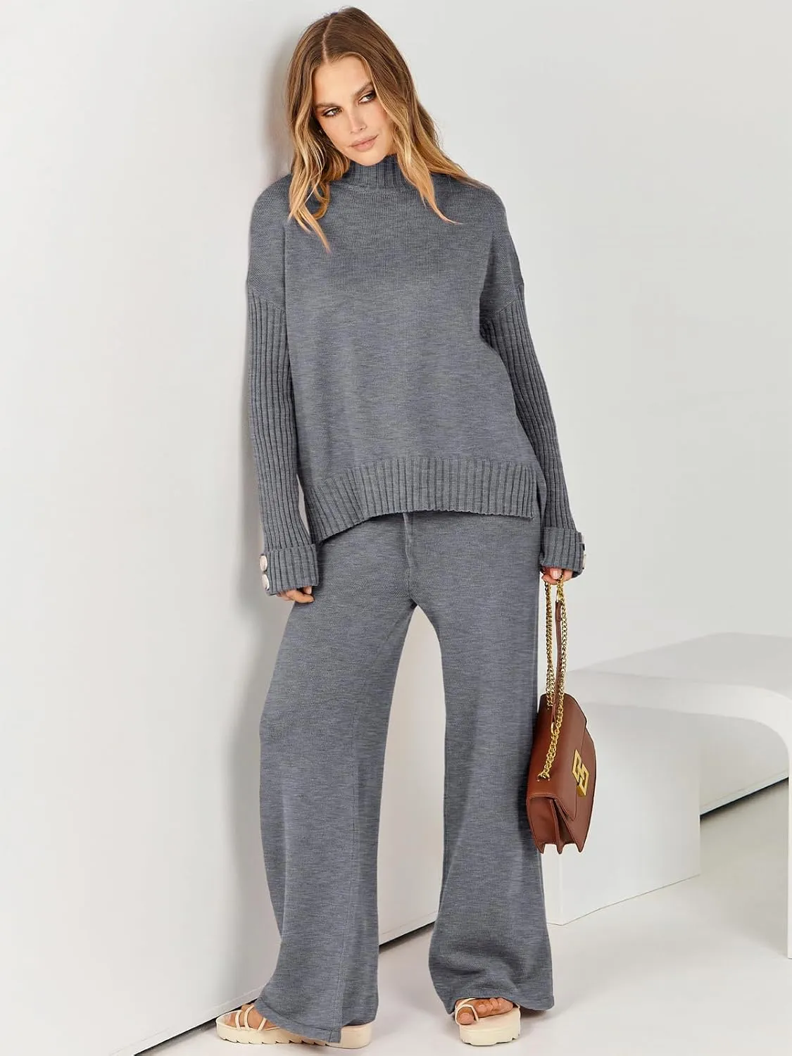 ANRABESS Women's 2 Piece Outfit Sweater Lounge Sets Long Sleeve Knit Pullover Wide Leg Pant Tracksuit Loungewear 2025 Fashion