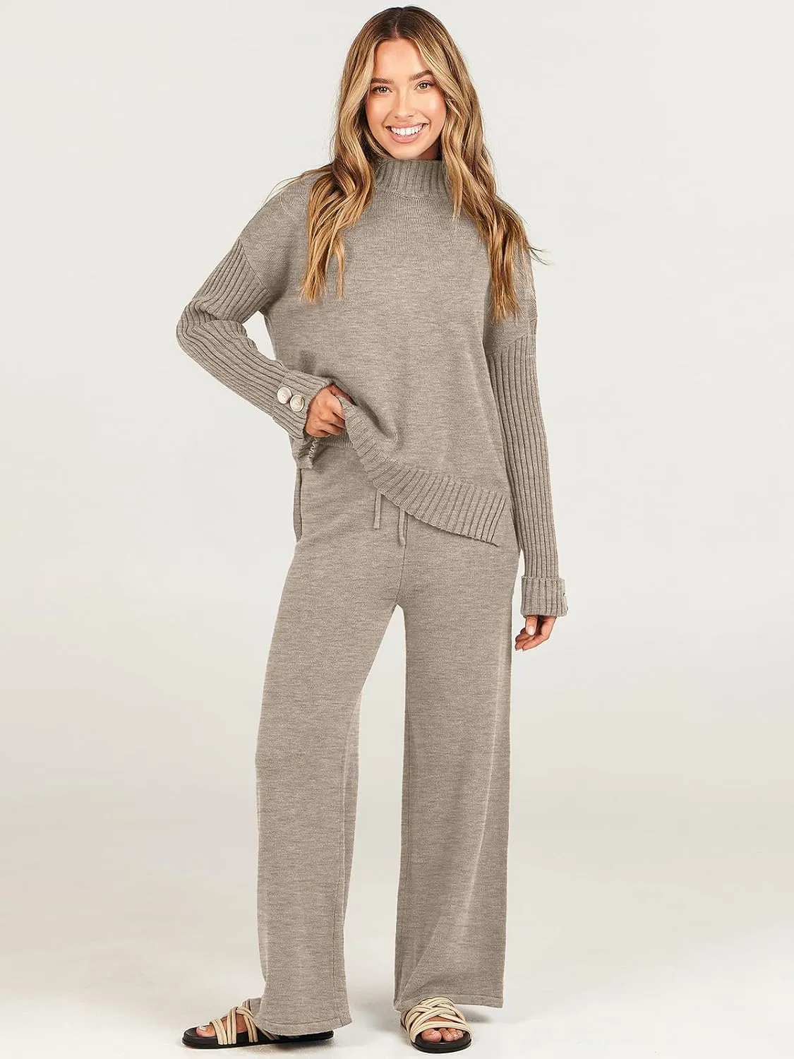 ANRABESS Women's 2 Piece Outfit Sweater Lounge Sets Long Sleeve Knit Pullover Wide Leg Pant Tracksuit Loungewear 2025 Fashion