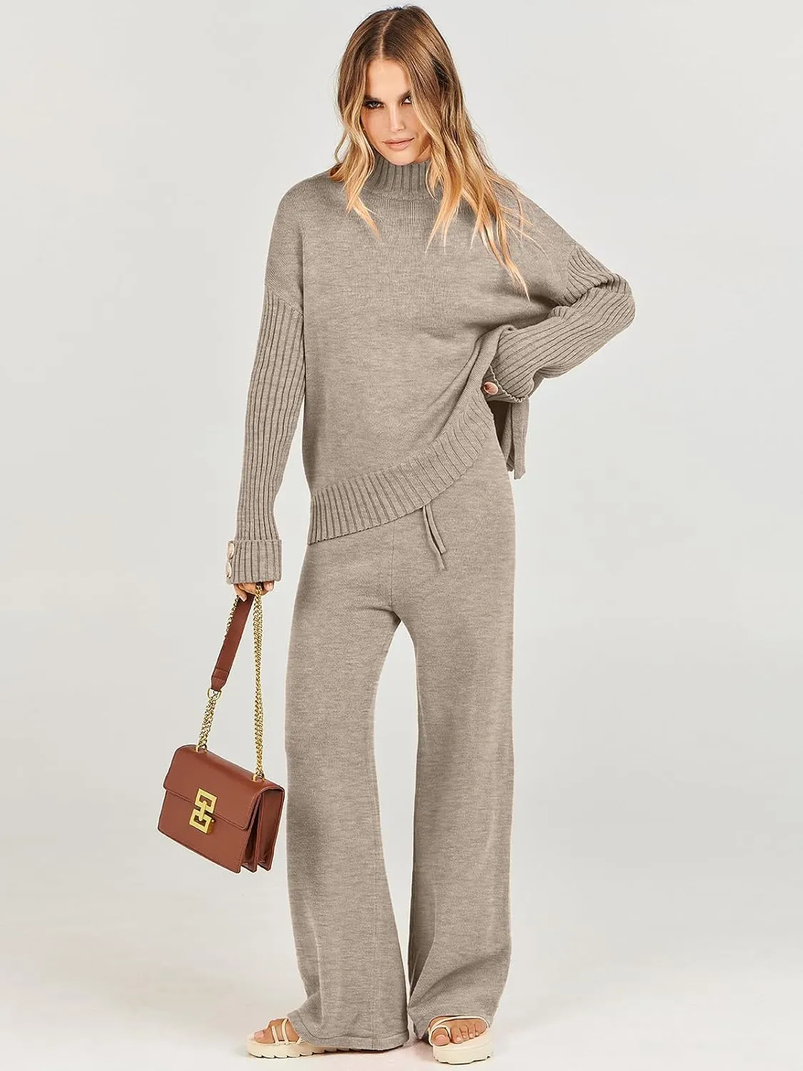 ANRABESS Women's 2 Piece Outfit Sweater Lounge Sets Long Sleeve Knit Pullover Wide Leg Pant Tracksuit Loungewear 2025 Fashion