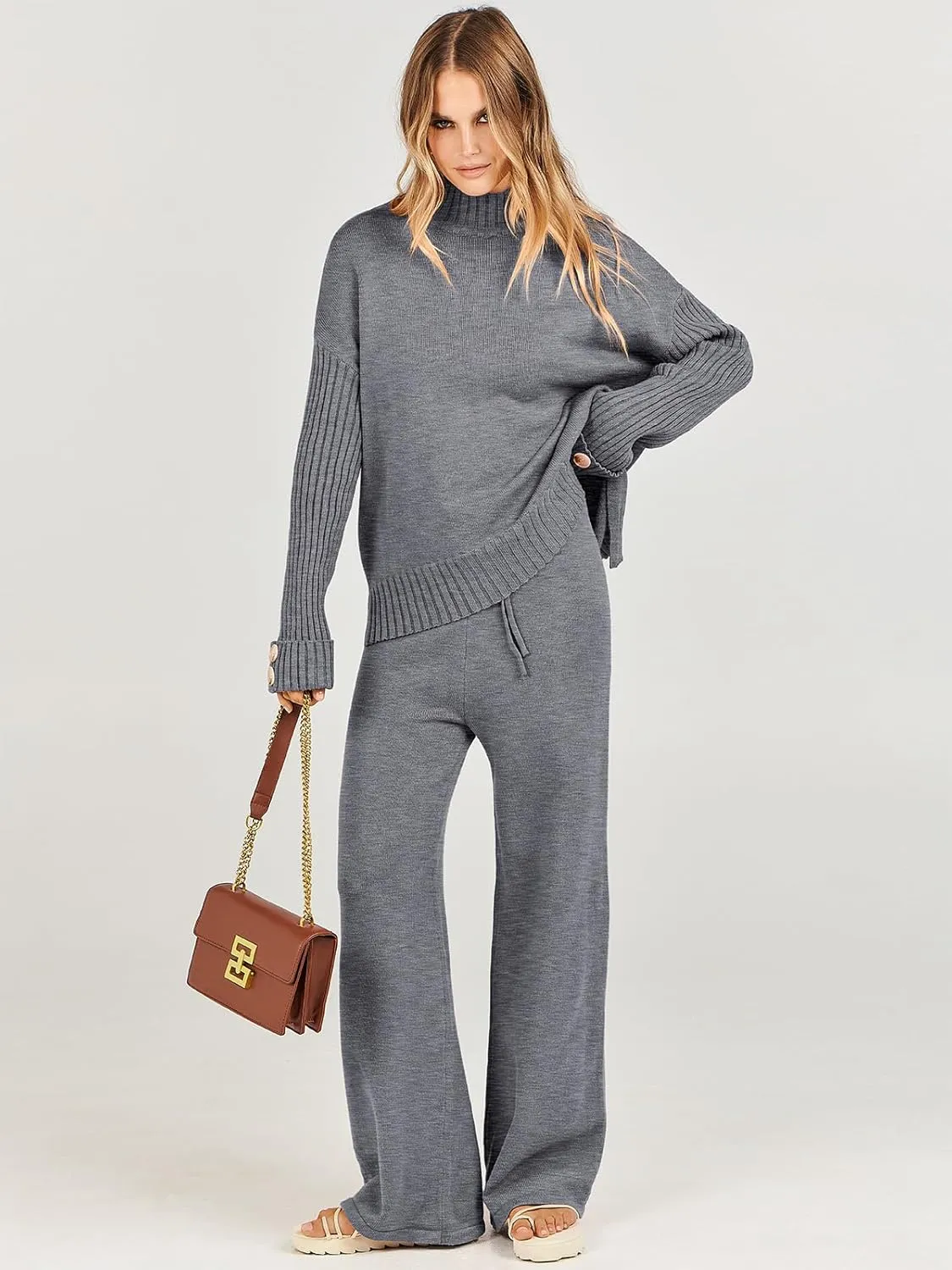 ANRABESS Women's 2 Piece Outfit Sweater Lounge Sets Long Sleeve Knit Pullover Wide Leg Pant Tracksuit Loungewear 2025 Fashion