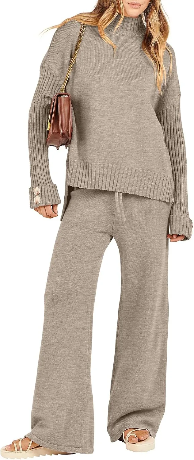 ANRABESS Women's 2 Piece Outfit Sweater Lounge Sets Long Sleeve Knit Pullover Wide Leg Pant Tracksuit Loungewear 2025 Fashion