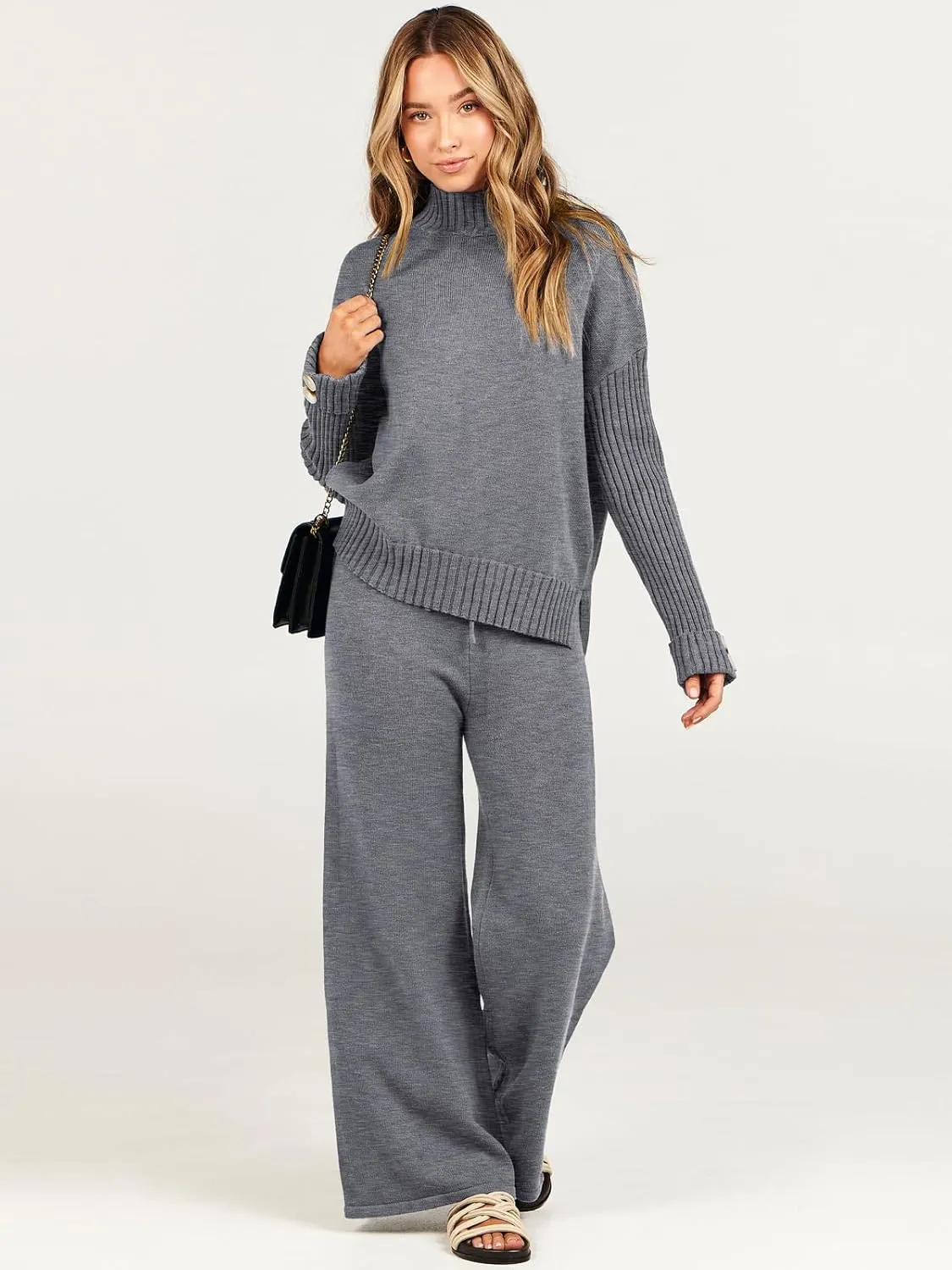 ANRABESS Women's 2 Piece Outfit Sweater Lounge Sets Long Sleeve Knit Pullover Wide Leg Pant Tracksuit Loungewear 2025 Fashion