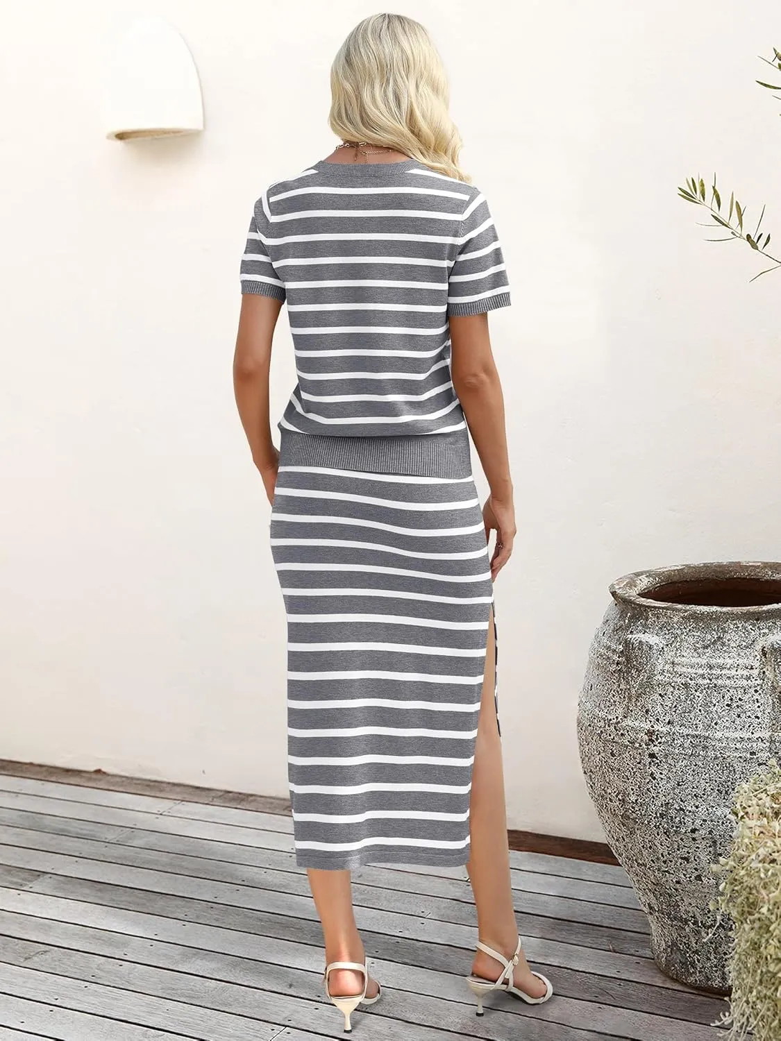ANRABESS Womens 2 Piece Outfits Striped Sweater Skirt Sets 2025 Summer Casual Short Sleeve Pullover Tops Travel Midi Dress